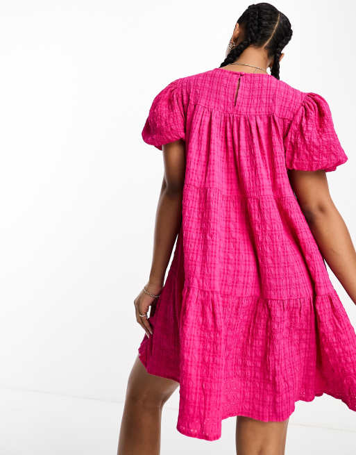 Influence puff sleeve tiered mini smock dress in pink | ASOS