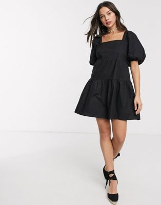Influence puff sleeve tiered square neck mini smock dress in black | ASOS