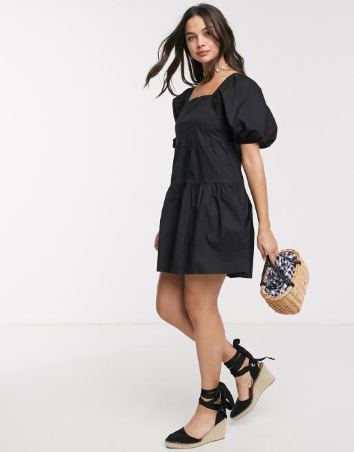 Influence puff sleeve tiered square neck mini smock dress in black