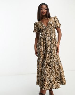 Influence puff sleeve v neck midi dress in leopard print-Brown