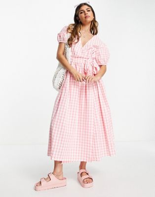 Influence puff sleeve wrap front midi dress in pink gingham