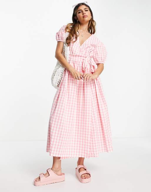 Influence Puff Sleeve Wrap Front Midi Dress In Pink Gingham Asos