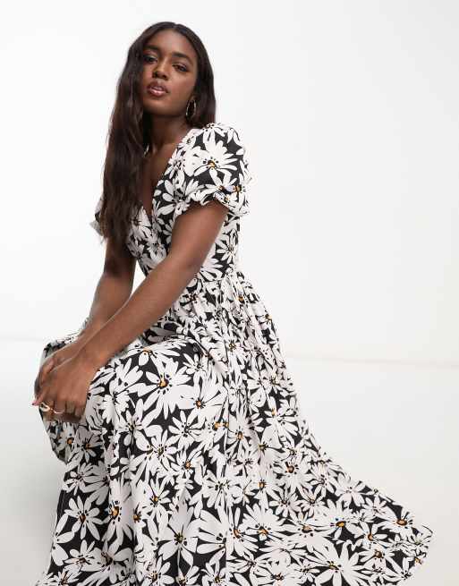 Influence puff sleeve wrap front midiaxi dress in monochrome floral print ASOS