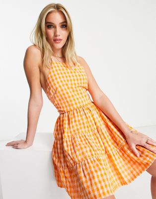 Influence tiered mini cami dress with bow back in orange gingham - ASOS Price Checker