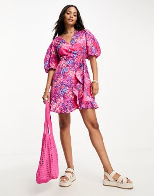 Influence wrap front mini dress in pink and blue floral print - ASOS Price Checker