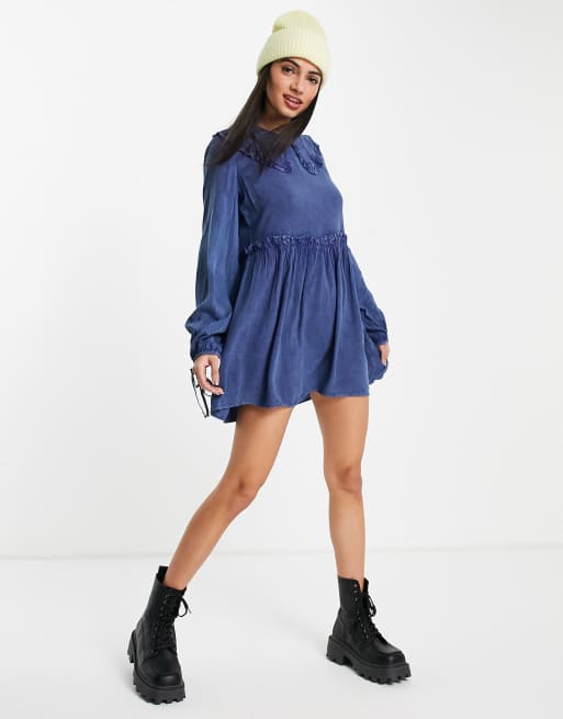 Influence - Robe courte en chambray à col et manches nouées