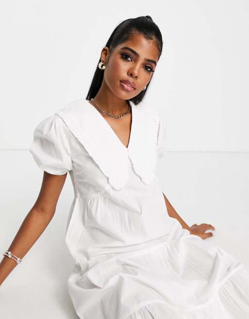 Influence Robe mi longue a col Claudine et volants etages Blanc ASOS