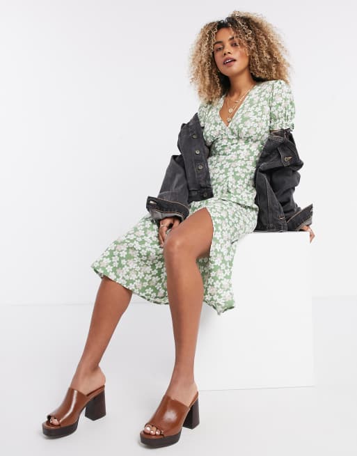Influence - Robe mi-longue à fleurs - Sauge