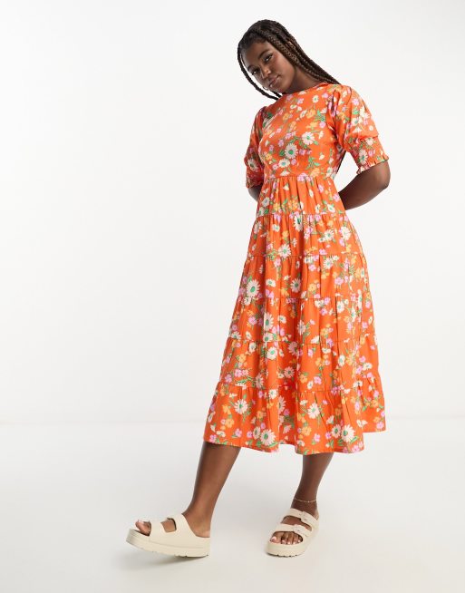 Influence - Robe mi-longue à volants étagés et imprimé fleuri - Orange