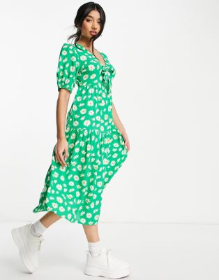 Influence - Robe mi-longue à volants étagés, nœud sur le devant et imprimé à fleurs - Vert