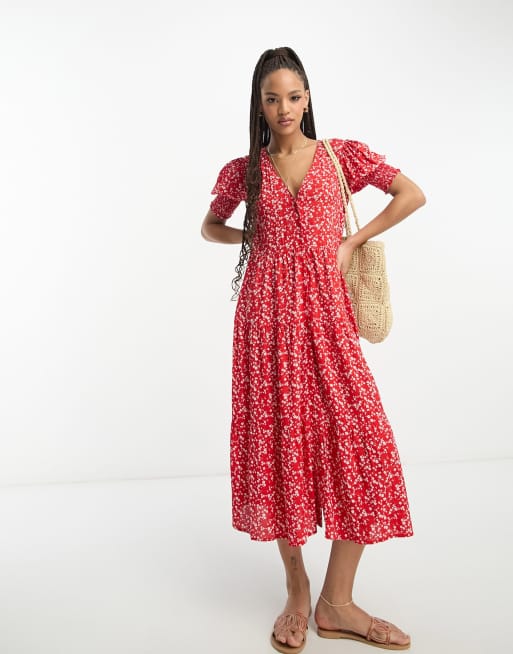 Influence - Robe mi-longue boutonnée à volants et imprimé fleurs - Rouge