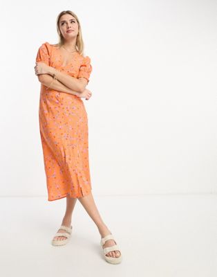 Influence button front midi dress in orange floral print - ASOS Price Checker