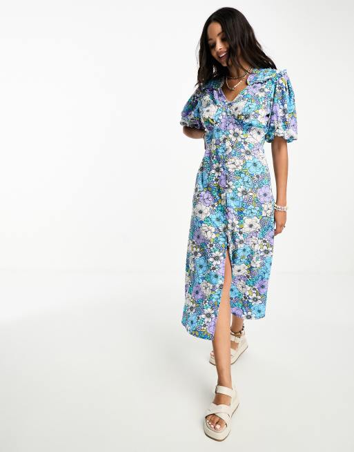Influence - Robe mi-longue boutonnée devant à imprimé fleurs colorées avec col, 4 de 4