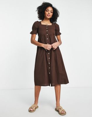 Influence button through midi dress in chocolate brown - ASOS Price Checker