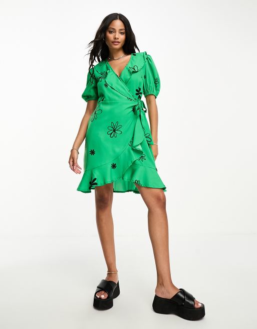 Influence - Robe portefeuille courte à imprimé fleuri effet ombres - Vert