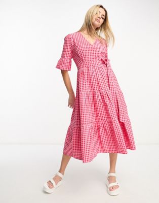 Influence wrap front tiered midi dress in pink gingham - ASOS Price Checker