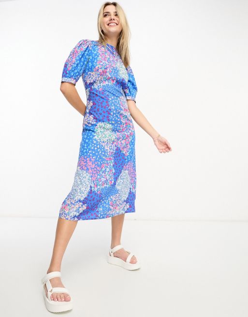 Influence - Robe rétro mi-longue à fleurs et manches bouffantes - Bleu