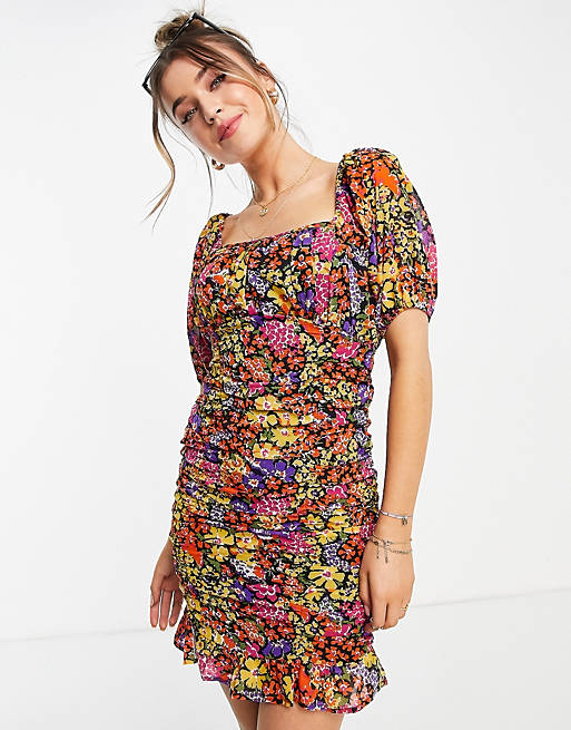 Influence ruched body floral printed mini dress