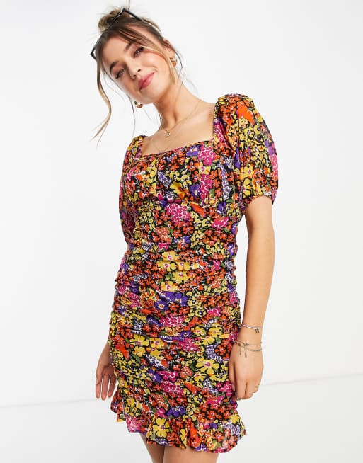 Influence ruched body floral printed mini dress | ASOS