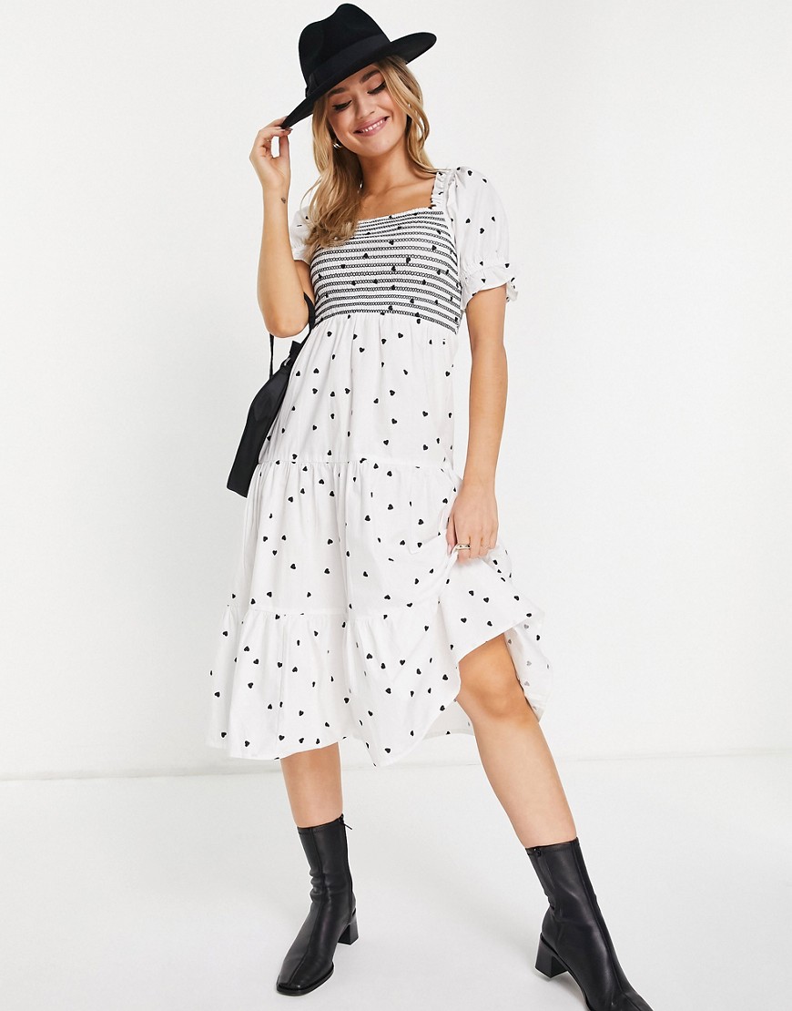 Influence ruched front tiered midi dress in white polka dot