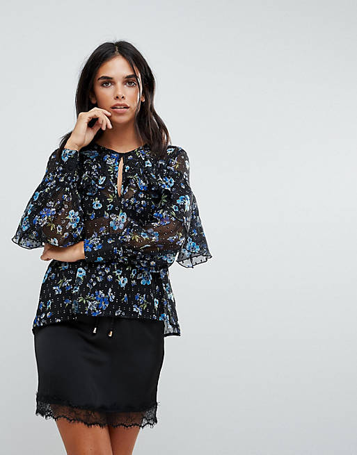 Influence Ruffle Front Floral Blouson Sleeve Top | ASOS