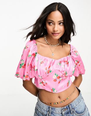Influence satin corset crop top in pink strawberry floral print - ASOS Price Checker