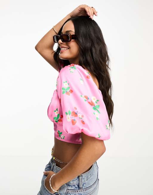 Influence satin corset crop top in pink strawberry floral print