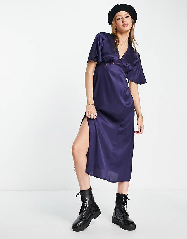 Influence - satin flutter sleeve midi dress with lace trim in navy