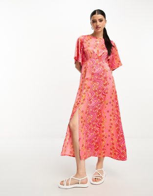 Influence satin flutter sleeve midi tea dress in pink floral print