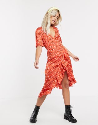 satin frill wrap midi dress