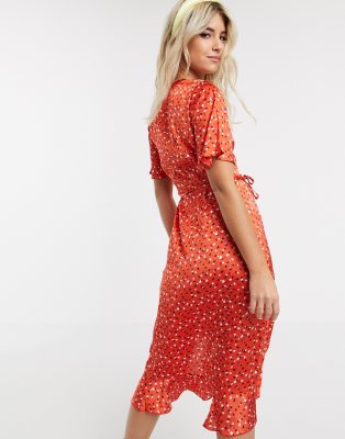 satin frill wrap midi dress