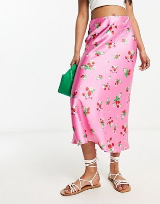 Influence satin midi skirt in strawberry floral print