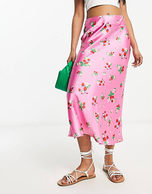Influence satin midi skirt in strawberry floral print | ASOS