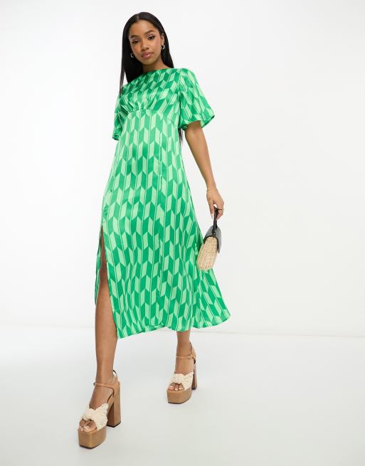 Influence satin midi tea dress in green abstract print | ASOS