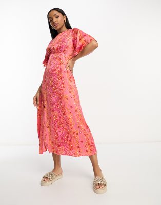 Influence Influence satin midi tea dress in orange floral print