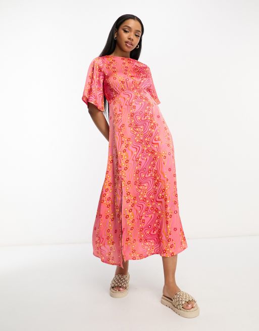 Influence satin midi tea dress in orange floral print ASOS