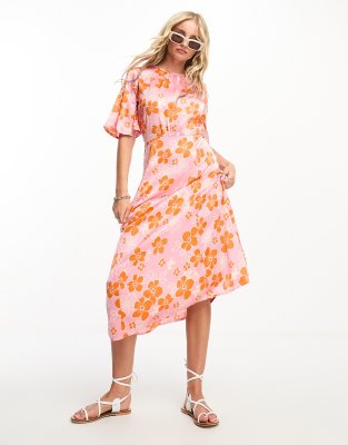 Influence Influence satin midi tea dress in pink floral print