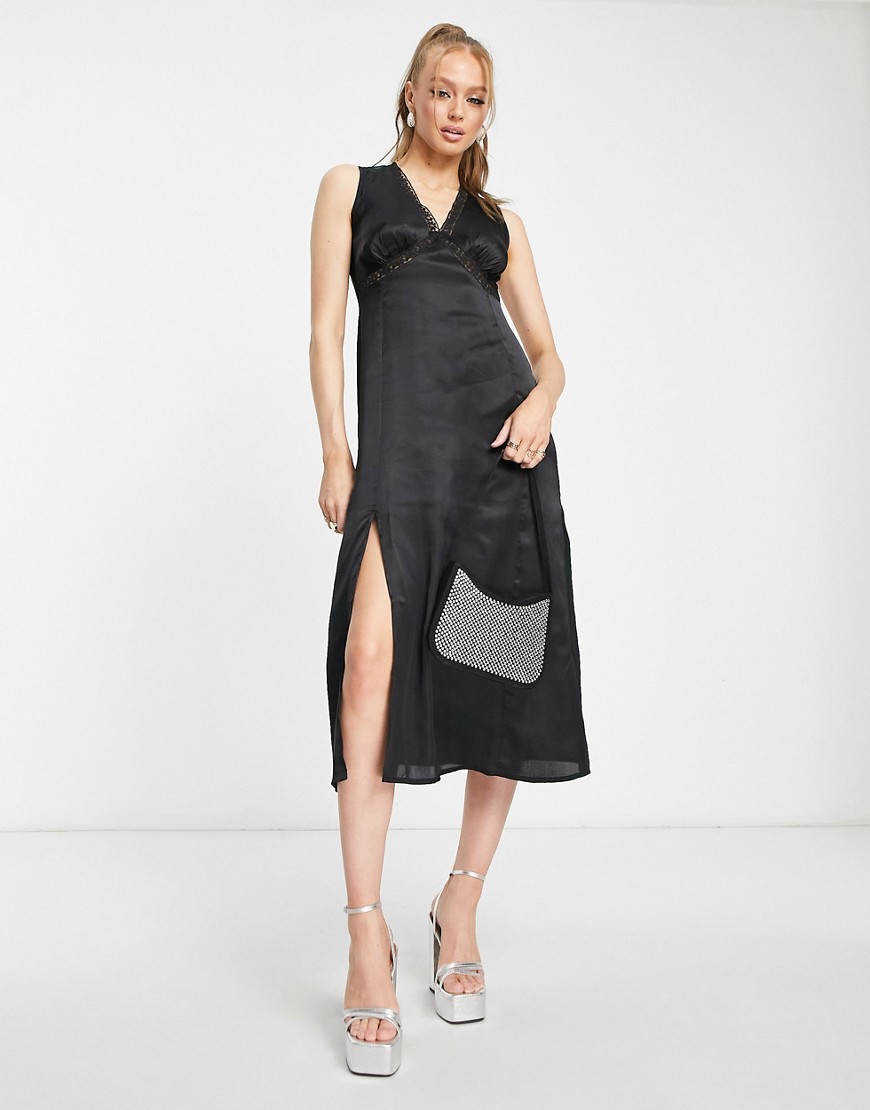 Influence satin sleeveless midi dress with lace trim in black