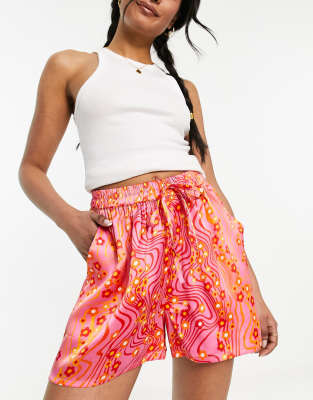 Influence satin tie waist shorts in pink floral swirl