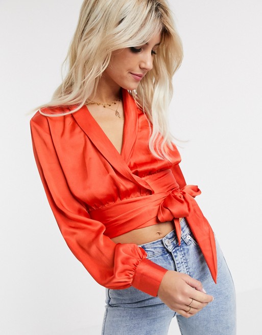 Influence satin wrap front blouse in rust