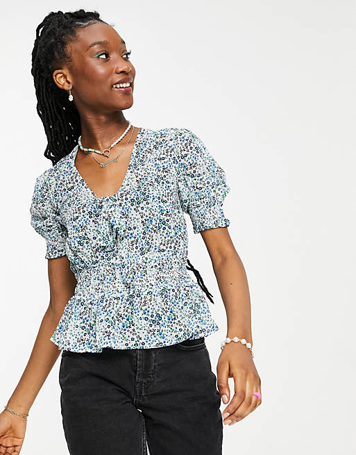 Influence shirred blouse in ditsy floral