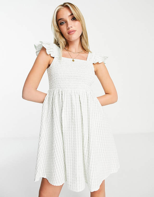 Influence - shirred bust frill sleeve mini swing dress in sage gingham
