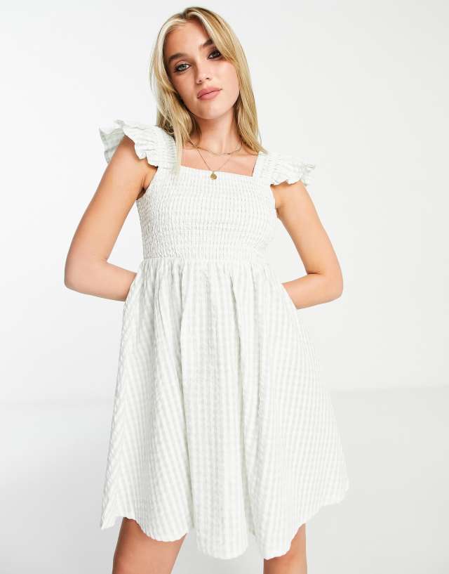 Influence shirred bust frill sleeve mini swing dress in sage gingham