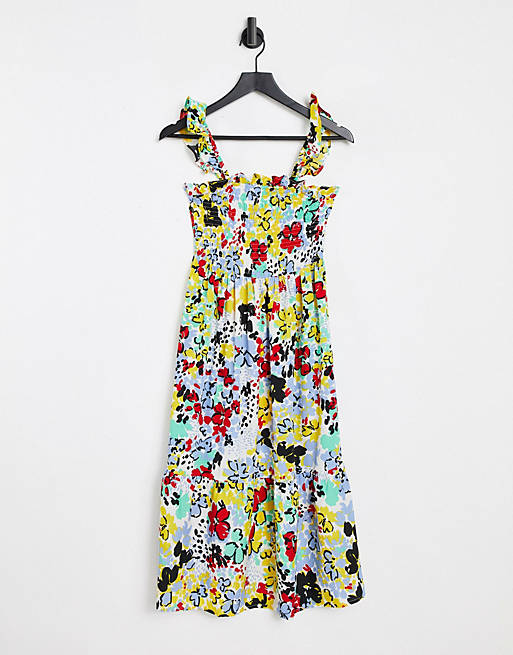 Influence shirred bust midi dress in bold floral print