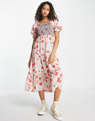 Influence shirred bust midi dress in floral print