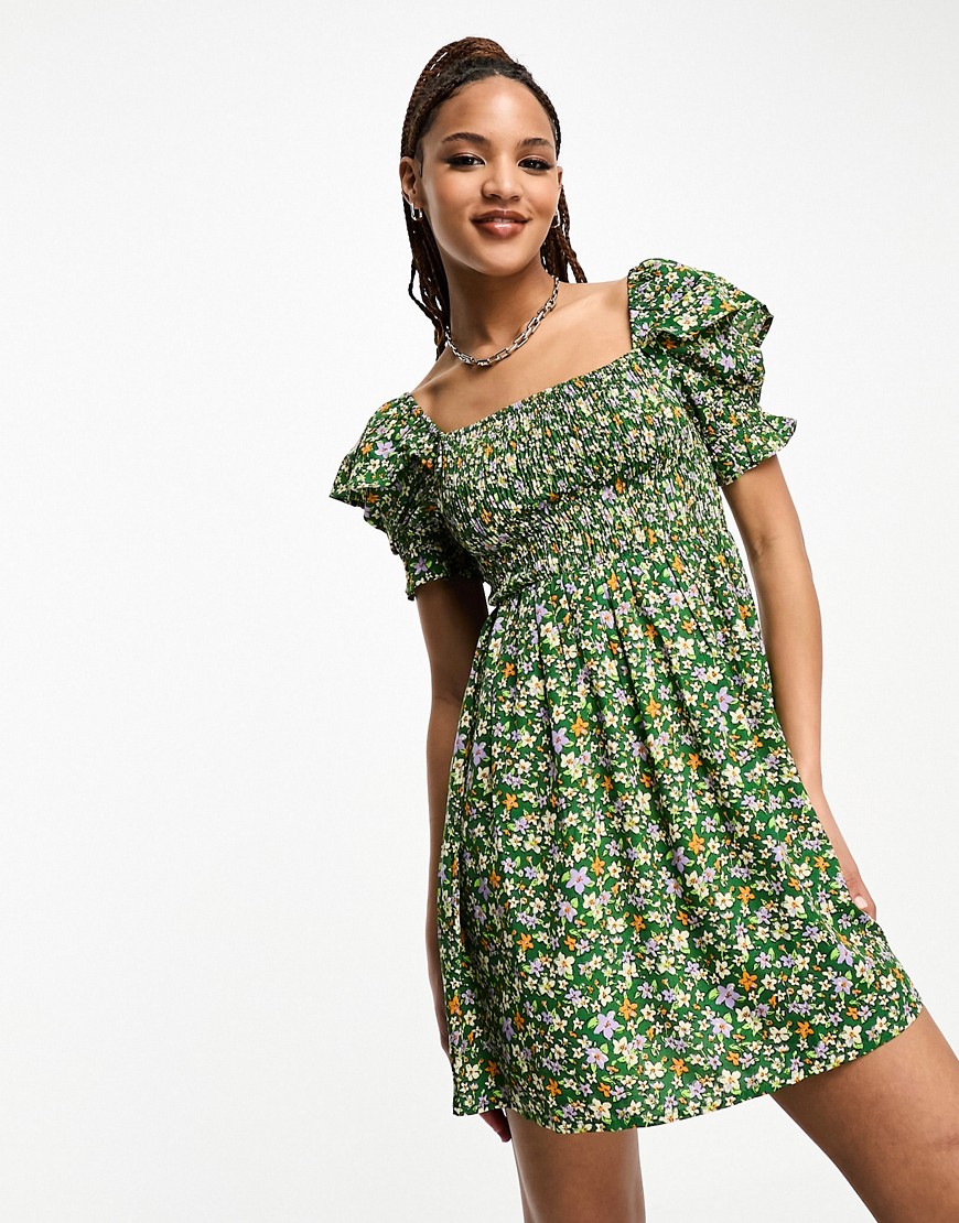 shirred bust puff sleeve mini dress in green floral-Multi