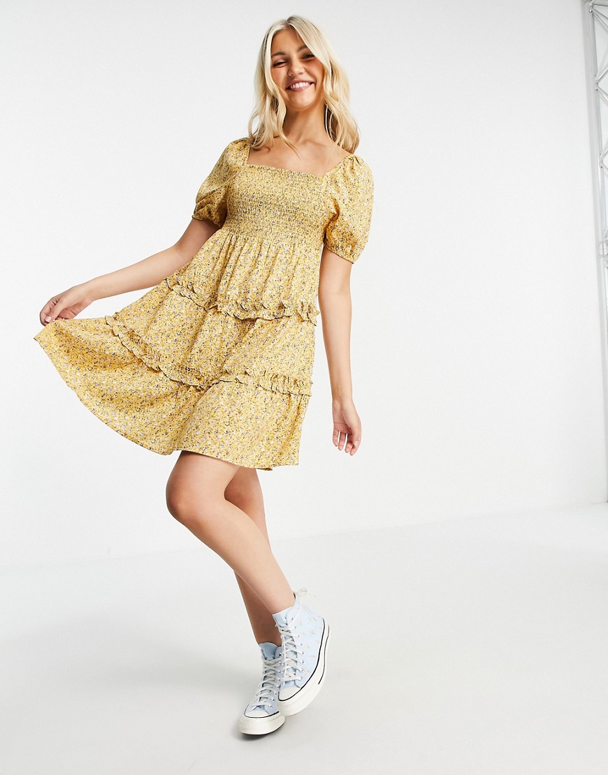 Influence shirred bust tiered mini dress in yellow floral print-Multi