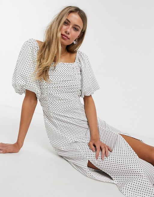 Influence shirred front midi dress with puff sleeves in cotton polka dot