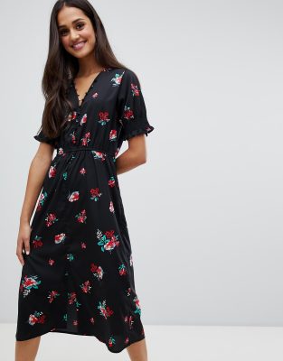 floral button front midi dress