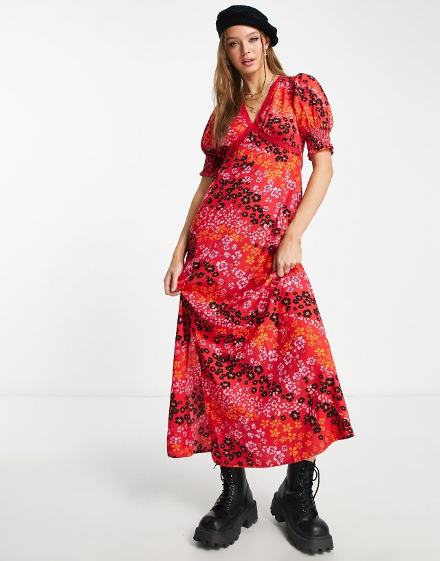 Influence shirred sleeve maxi tea dress with lace trim in mixed floral print